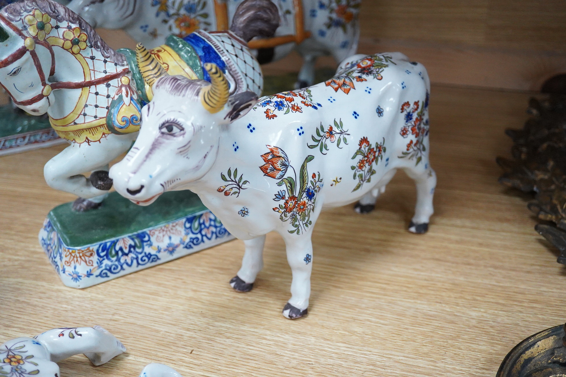 19th century French faience models of cows, a cat and a frog .(9), Tallest 30 cm